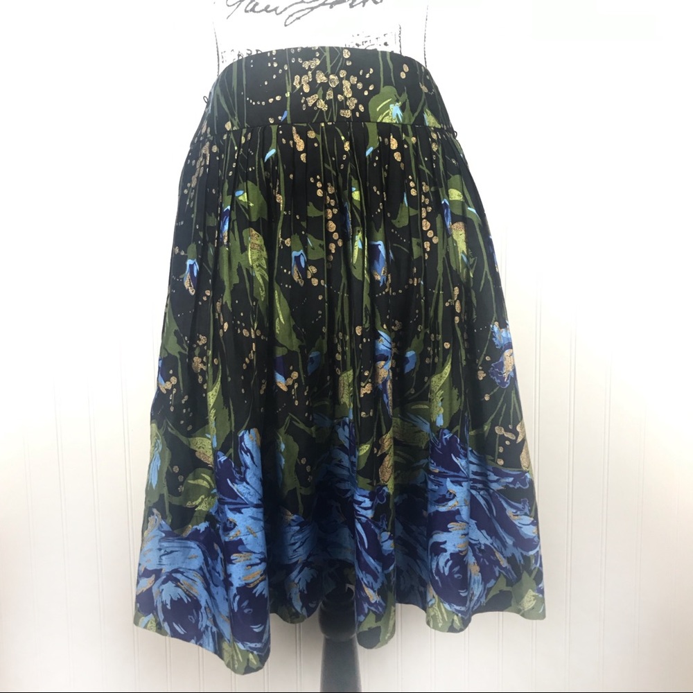 LOFT Green/Blue Floral Side Zip Pleated Skirt